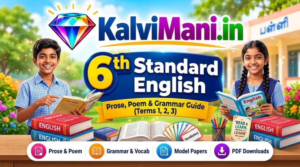 Download Tamil Nadu 6th Standard English study materials, guides, Surya/Dolphin notes, and Term 1, 2, 3 question papers PDF (2026-27).